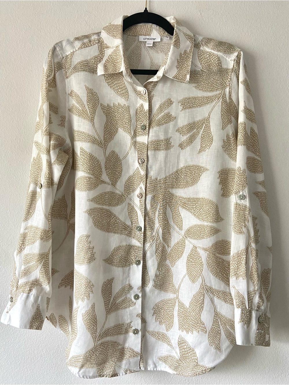Chico’s 100% Linen Botanical Print Button Front Shirt Beige Ivory Size 1 (US 8)